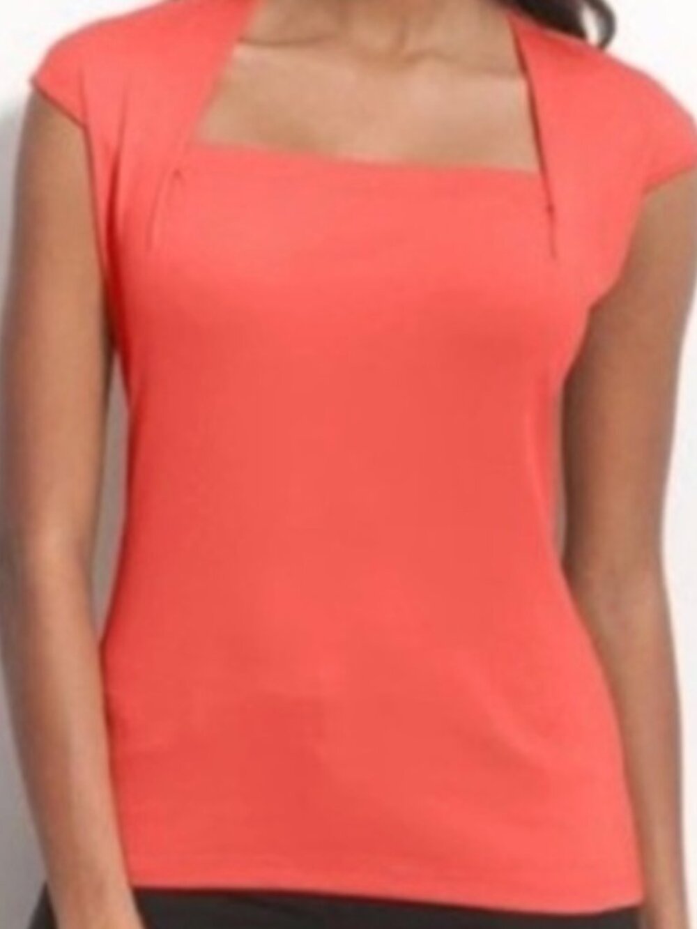 Lafayette 148 Coral Orange Short Sleeve Stretch Cotton Top Square Neck, Medium